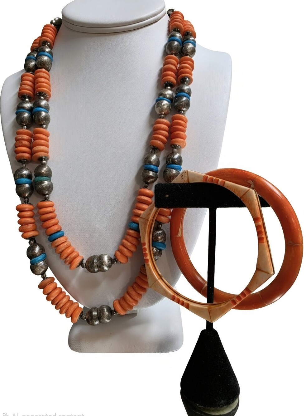 Vintage Southwestern Dyed Orange Bone 2 Strand Necklace and 2 Bracelet Set